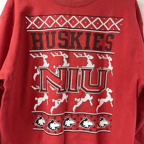 Not So Ugly Christmas Sweatshirt NIU Huskies Red Champion Large - Picture 3 of 6